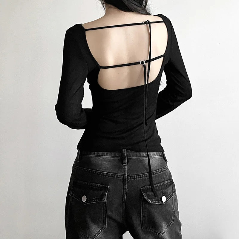 Women’s Off-Shoulder Crop Top – 90s Grunge Backless Tie-Up Long Sleeve Shirt