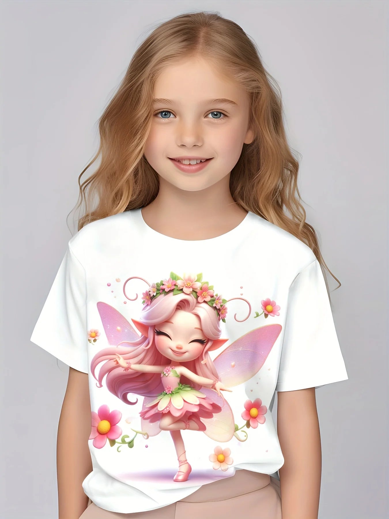 Children Clothing Girls Enchanting 3d Fairy Print Short Sleeve T Shirt Tops Comfortable Crew Neck Casual Tees Kids Girl Clothes