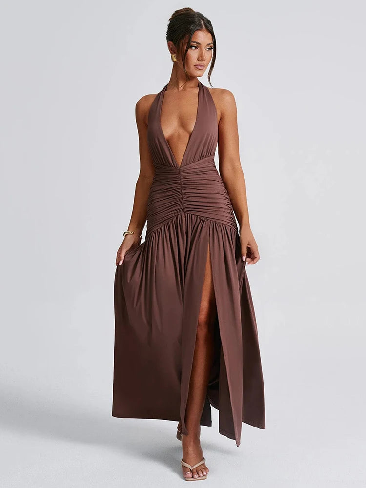 Mozision Halter Deep V Neck Backless Maxi Dress – Elegant Sleeveless Thigh-High Split Sexy Long Dress for Women