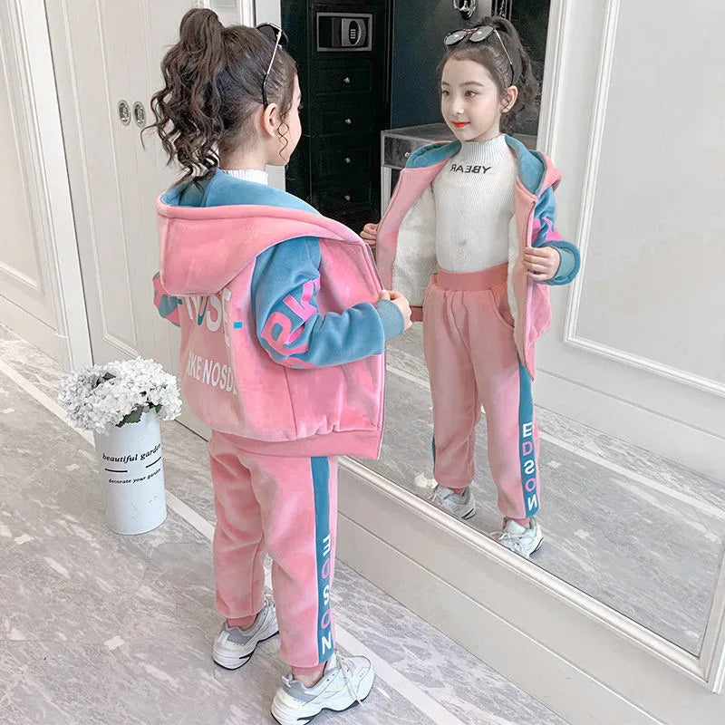 2025 Autumn winter girls tracksuit Toddler Teenager Clothes letter velvet jacket hoodie + Pant Children Kids 8 10 12 year spring