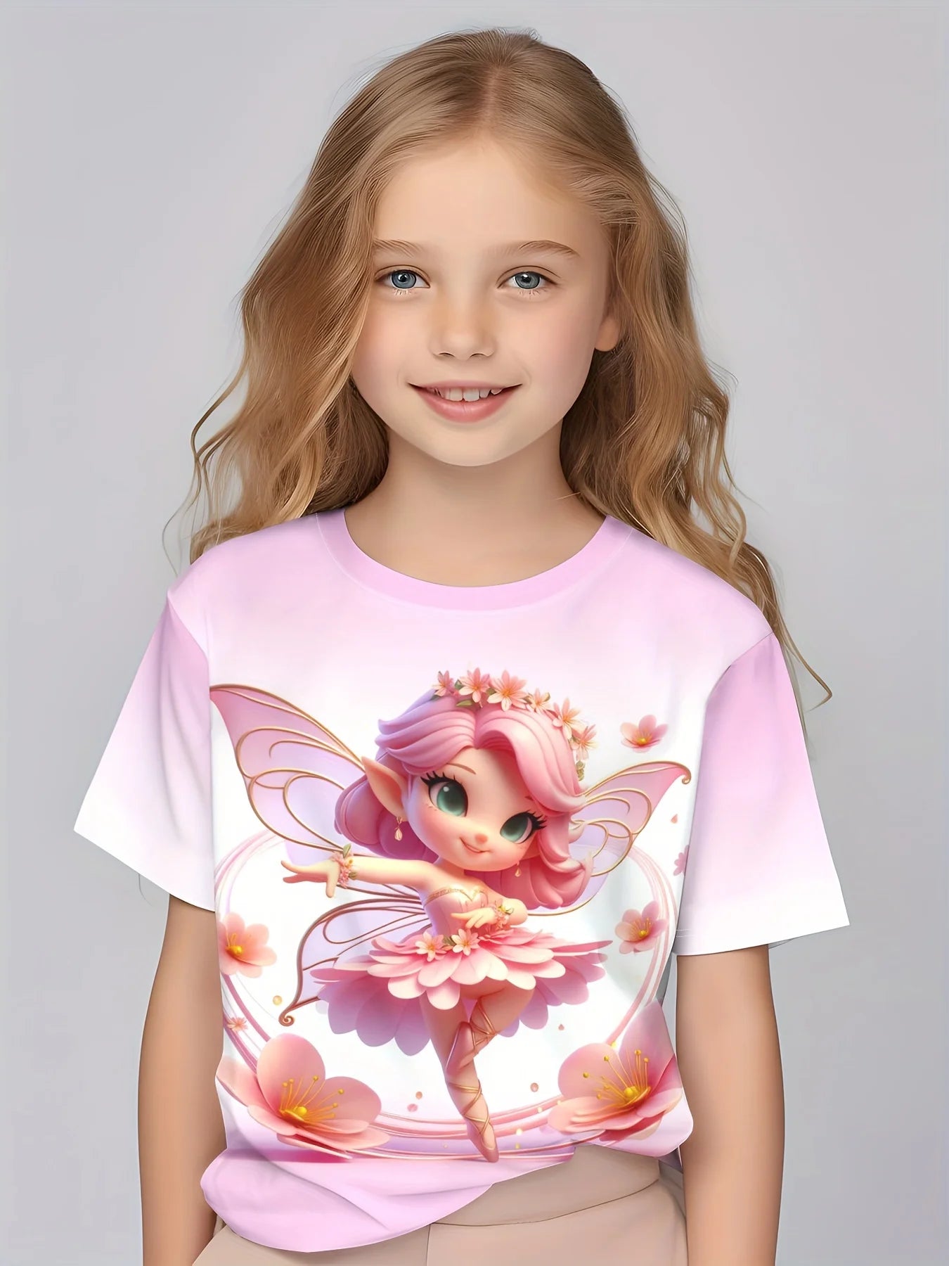 Children Clothing Girls Enchanting 3d Fairy Print Short Sleeve T Shirt Tops Comfortable Crew Neck Casual Tees Kids Girl Clothes