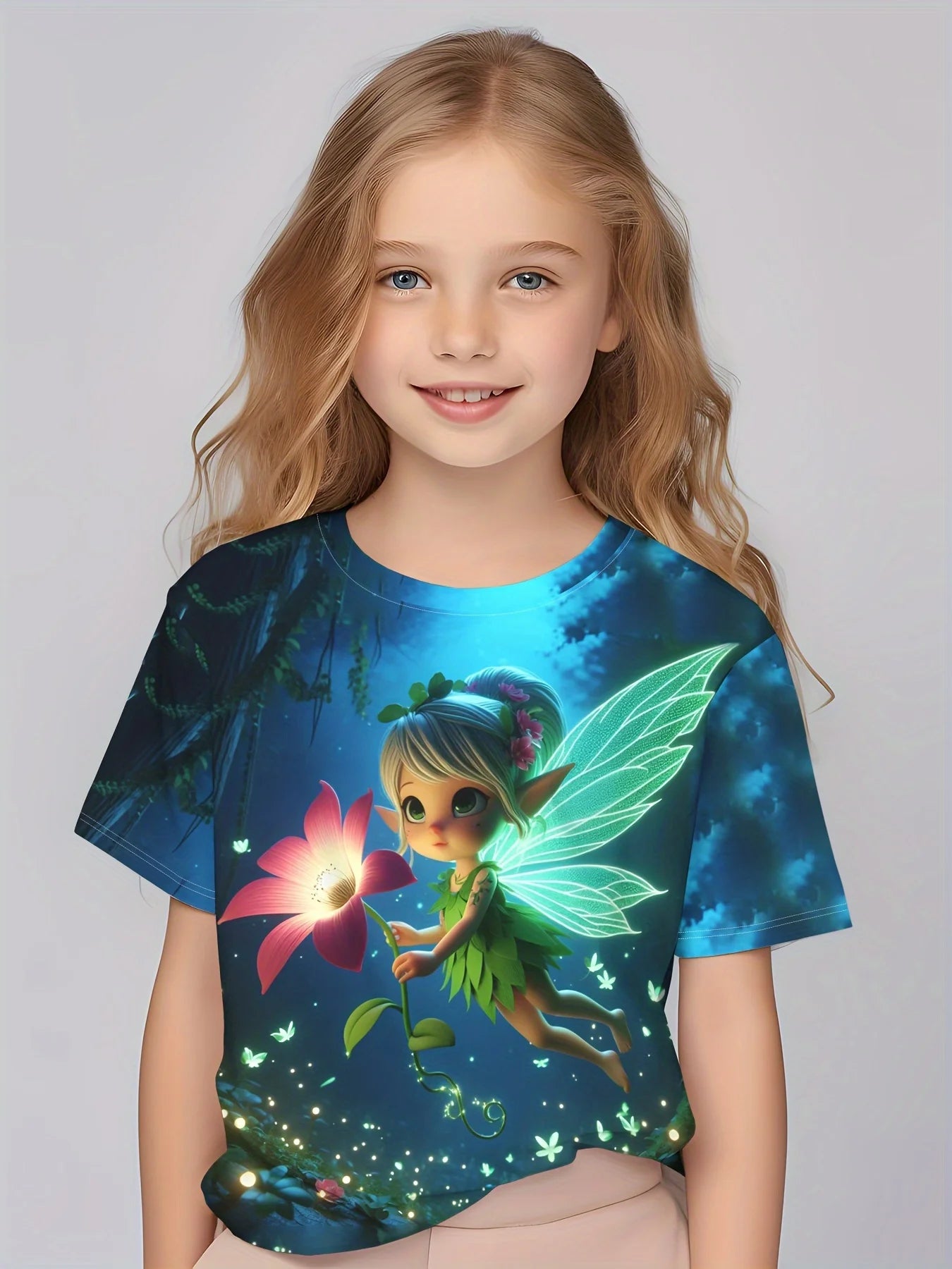 Children Clothing Girls Enchanting 3d Fairy Print Short Sleeve T Shirt Tops Comfortable Crew Neck Casual Tees Kids Girl Clothes