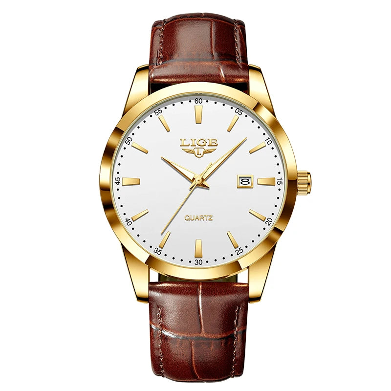 LIGE Men's Brown Leather Watch – Waterproof & Casual
