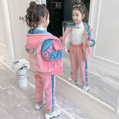 2025 Autumn winter girls tracksuit Toddler Teenager Clothes letter velvet jacket hoodie + Pant Children Kids 8 10 12 year spring