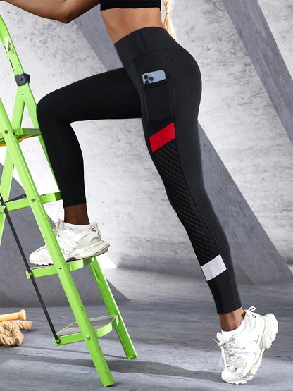 High-Waist Yoga Leggings – Colorblocked Mesh, Tummy Control & Side Pockets
