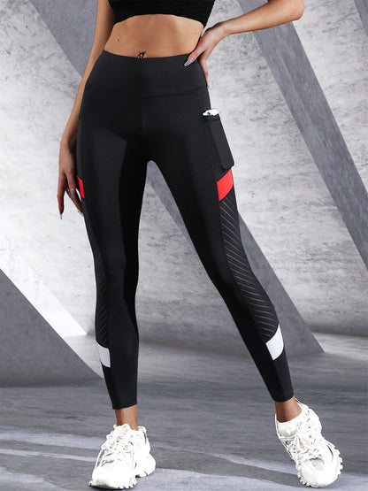 High-Waist Yoga Leggings – Colorblocked Mesh, Tummy Control & Side Pockets