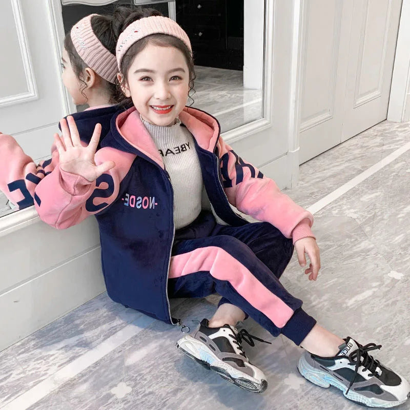 2025 Autumn winter girls tracksuit Toddler Teenager Clothes letter velvet jacket hoodie + Pant Children Kids 8 10 12 year spring